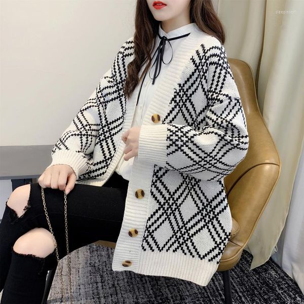 Tricots pour femmes Losange tricoté pull Cardigans surdimensionné femmes automne hiver coréen Vintage col en v simple boutonnage vêtements d'extérieur BF Ulzzang O382