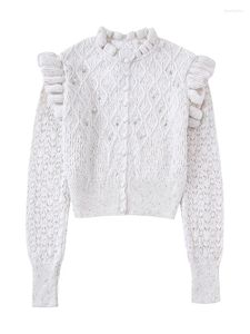 Tricots pour femmes Bordure à volants Col rond Cardigans en tricot à simple boutonnage High Street Faux Perles Perles Manches longues Pull court Cardigan