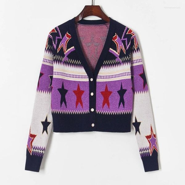 Femmes tricots piste Cardigan haut court femmes col en v pull manteau printemps 2023 Hit couleur Lurex géométrique étoile Jacquard tricot violet