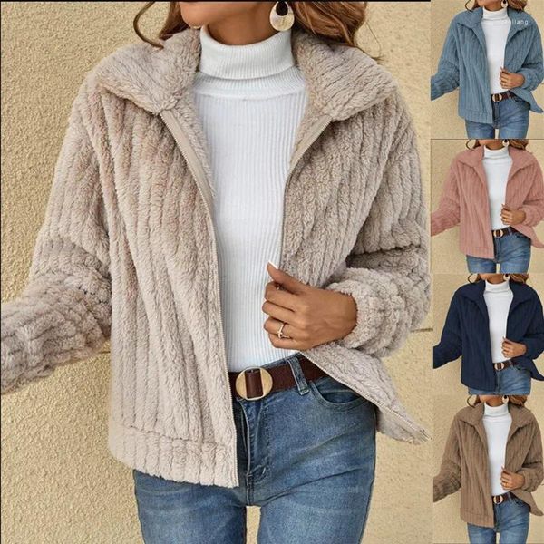 Cárdigan de felpa con solapa y cremallera para mujer, abrigo informal de moda corto de gama alta, ropa azul, Beige y rosa, Otoño e Invierno