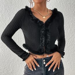 Femmes tricots Sexy noir recadrée Cardigan femmes automne hiver mince col en v Patchwork plume à manches longues pull veste Femme