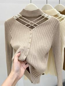 Tricots de tricots pour femmes Hallow Out Halter Tricoted Trip for Women 2023 Automne Solid Base Long Manchet Botting Sweater