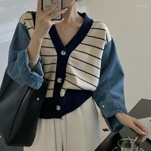 Malhas femininas curto denim retalhos cardigans mulheres casacos de malha estilo coreano camisola jaquetas com decote em v primavera outono suéteres listrados