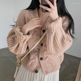 Dames Gebreide Korte V-hals Twists Truien Koreaanse Mode Y2k Roze Vest Gebreide Jas Pull Femme Lantaarn Mouw Jas Sueters