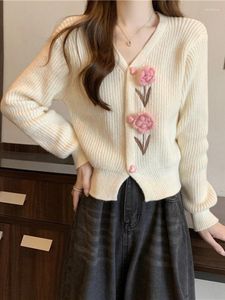 Cárdigan de punto sencillo con flores en 3D para mujer, suéter elegante con una botonadura, abrigo coreano con cuello de pico a la moda