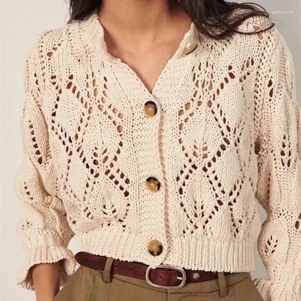 Pull ajouré à simple boutonnage pour femme, pull assorti, manches longues bouffantes, volants, col rond, Cardigan tricoté pour dame, automne 2024