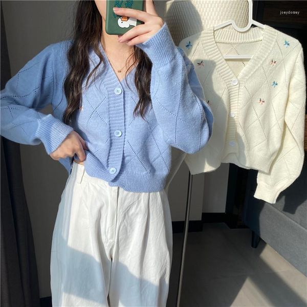 Ropa de punto corta azul cielo para invierno y otoño para mujer, ropa para niña, suéteres coreanos para mujer, cárdigan recortado para mujer