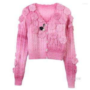 Cárdigan de Mohair suave para mujer, cárdigan con apliques de ganchillo, suéter rosa de otoño e invierno, chaqueta, Top corto de punto con cuello en V 2023