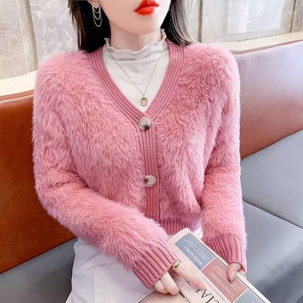 Suéter de imitación de visón suave y esponjoso de punto para mujer, cárdigan de punto corto de tres botones, Tops cortos rosas para mujer