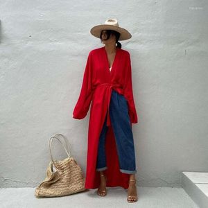 Femmes Tricots Solide Rouge Maxi Kimono Sans Effort Décontracté Élégant Cardigan Femmes Rayonne À Manches Longues D'été Manteaux Légers Flowy Beach CoverUps