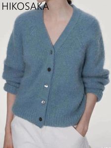 Cardigan à manches longues et col en v pour femme, tricot, couleur unie, doux, en peluche, simple boutonnage, ample, décontracté, haut pour dame, automne hiver 2024