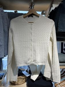 Cárdigan de punto trenzado liso para mujer, suéteres, blanco simple, cuello redondo, algodón, manga larga, abrigo para mujer Y2k, botón dulce Vintage