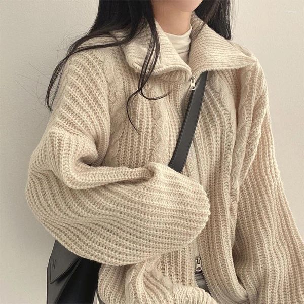 Knits de mujer Corea del Sur Corea Autumnia e Invierno Suéter de cuello alto de viento perezoso Cardigan de manga larga con cremallera