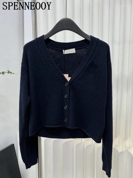 Knits de mujer Spenneooy Diseñador de moda Summer azul oscuro Cárdigan delgado suelto Color sólido Véplicas de manga larga con cuello en V de un solo pecho