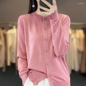 Tricots féminins Spring et automne mince Crewneck Knit Couleur continue Couleur de cardigan de soie vive Pull inférieur en vrac