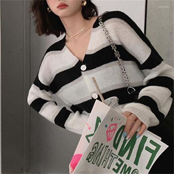 Tricots pour femmes printemps et été 2023 Version coréenne du pull tricoté rayé à col en V à manches longues manteau Cardigan noir blanc