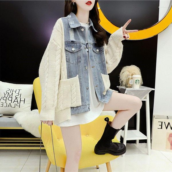 Femmes tricots printemps automne 2023 Patchwork Denim vestes femmes mode à manches longues simple boutonnage vêtements d'extérieur décontracté lâche tricot Cardigan manteau