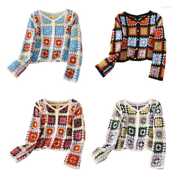 Suéter de punto de primavera y otoño para mujer, cárdigan para mujer, chaqueta de manga larga, abrigo con patrón geométrico colorido de ganchillo con botones