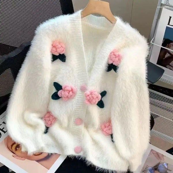 Cardigan en laine de vison pour femmes, tricot, manteau en tricot à fleurs, printemps-automne