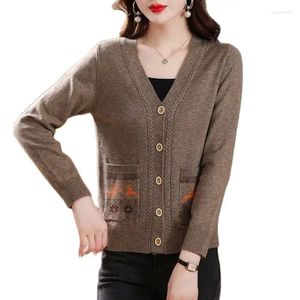 Tricots pour femmes au printemps automne cardigan pweater veste femme 2024 volent en V-cou tricot-coucher mode poche de poche à poitrine unique