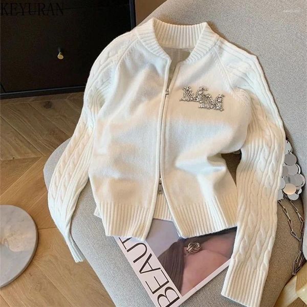 Cárdigan de punto con diamantes y cremallera para primavera y otoño para mujer, suéter recortado para mujer, chaqueta de manga larga, prendas de punto blancas suaves con giro, Tops para mujer