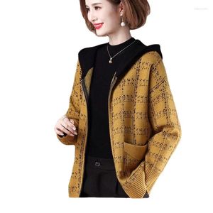 Cardigan à capuche en tricot pour femme, grande taille, haut tricoté, manteau à carreaux, printemps