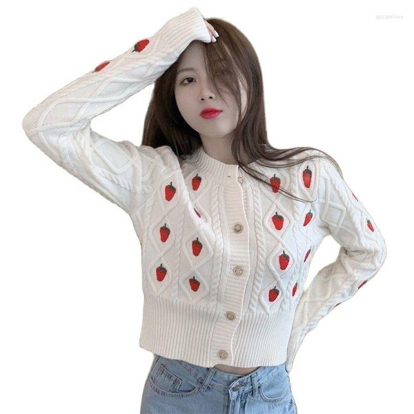 Puntos de mujer Cárdigan de fresa para mujer Crochet Floral Punto Crop Top Suéteres Coreano Moda Chica Blanco Negro Bordado Suéter Y2k