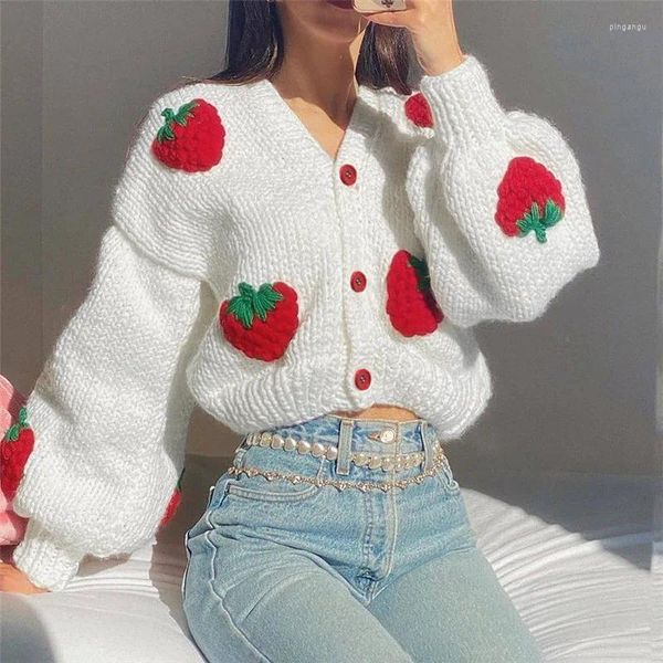 Femmes Tricots Fraise Tricoté À Manches Longues Lâche Simple Boutonnage Manteau Femmes Automne Mode Épaissir Chaud Cardigan Pull Streetwear