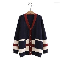 Tricots pour femmes rayé chic simple boutonnage surdimensionné femmes cardigans 2023 hiver tricot chaud pull manteau style preppy girly sweety doux