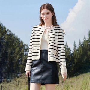 Cardigan tricoté à manches longues pour femmes, Style coréen, à la mode, hauts courts décontractés, col rond, rayé, veste tricotée, printemps et automne