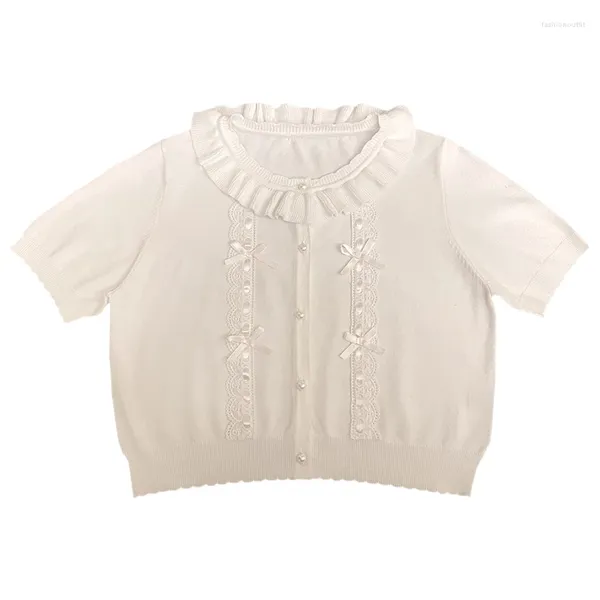 Tricots pour femmes Chandails recadrés d'été Femmes Mignon Cardigan en dentelle Filles Kawaii Mode coréenne Hauts tricotés Japonais Blanc Pull à manches courtes