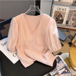 Damesbreien Summer Sweater V Hals Koreaanse modestijl Lace Patch gebreide vest vaste kleur chic vintage korte mouw gebreide kleding