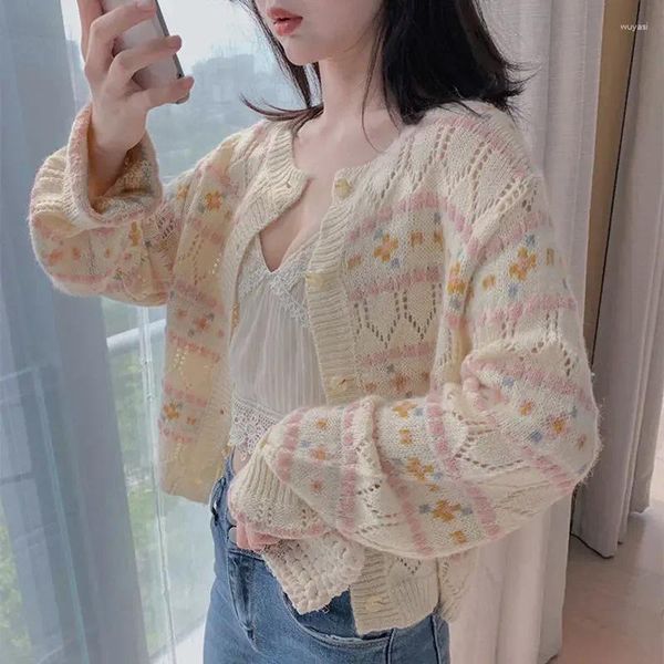 Tricots pour femmes Été doux élégant pulls en tricot femmes découpés décontracté Kawaii mignon cardigans floraux imprimer vêtements de mode coréenne automne 2024