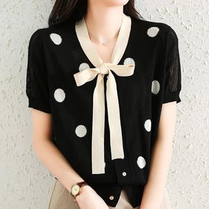 Damesbreien zomer dames Koreaanse mode polka dots korte mouw Cardigan boog v-neck ijs zijde dunne gebreide trui elegante retro vrouwelijke top