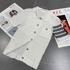 Femmes tricots été femmes Polo tricoté mince col rabattu haut à manches courtes Blouse laine tissu conception coréenne de haute qualité