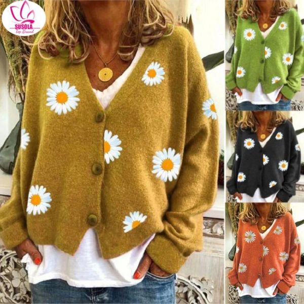 Suéter de punto SUSOLA para mujer, chaqueta bordada con flores de crisantemo de otoño de un solo pecho para mujer
