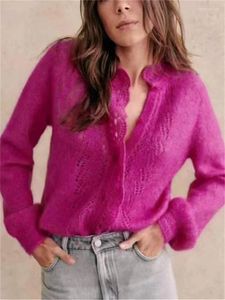 Pull tricoté pour femmes, mélange de laine Mohair, dentelle Crochet ajouré, simple boutonnage, Cardigan tricoté décontracté, automne 2024