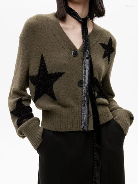 Pull en tricot pour femmes, motif étoiles, col en v, simple boutonnage, décontracté, manches longues, Cardigan en tricot, 2024