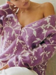 Damesbreien trui 2024 wol mohair blends bloemenprint v-neck single breasted elegante losse casual gebreide lange mouw gebreide vest