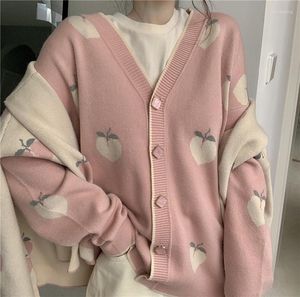 Damesbreien trui vidan 2023 dames Koreaanse zoete lange mouw jas schattig roze koesteren indie aardbei gebreide oversized jas
