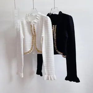 Dames Gebreid Trui Vest Dames Luxe Lovertjes Ruches Lange Mouw Koreaanse Modestijl Knitwears Tops Designer Winter 2023