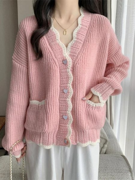 Suéter de punto para mujer, cárdigan de invierno para mujer, cuello en V, volantes, rosa, blanco, Kawaii, lindas chaquetas de punto, Tops holgados con botones coreanos