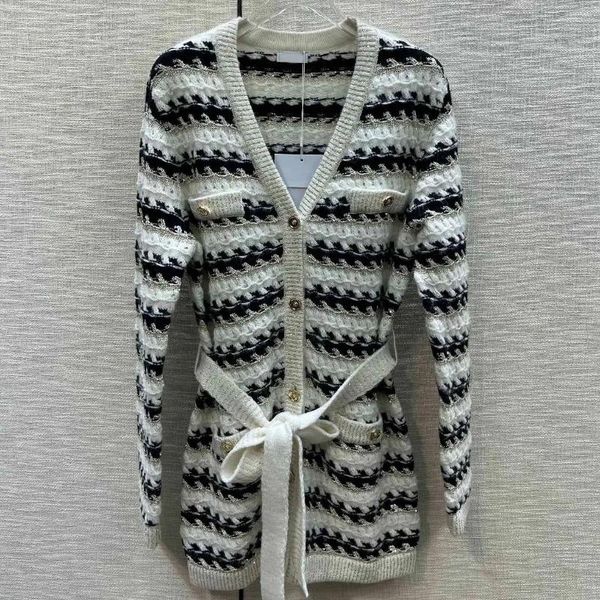 Pull en tricot pour femmes, col en v, simple boutonnage, Cardigan de luxe, marques CHAN, Design à rayures classique, marque de mode, pardessus pour dames