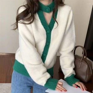 Tricot féminin Sweater femme automne hiver 2024 coréen doux bosse de vent couleur mosaïque conception de cardigan en tricot lâche