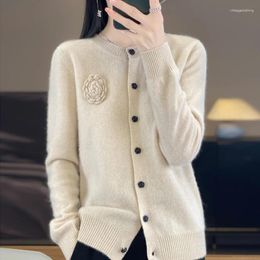 Séter Sweater Women's Knits 2024 Primavera Autumn Bordado Bordado Cardigan O Cardigán Onco Pure manga de lana larga Top coreano