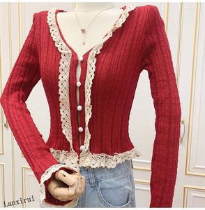 Dames knits trui dames gegolfd v-hals kanten patchwork Cardigan contrast kleur lange mouw gebreide top korte jurk lente herfst