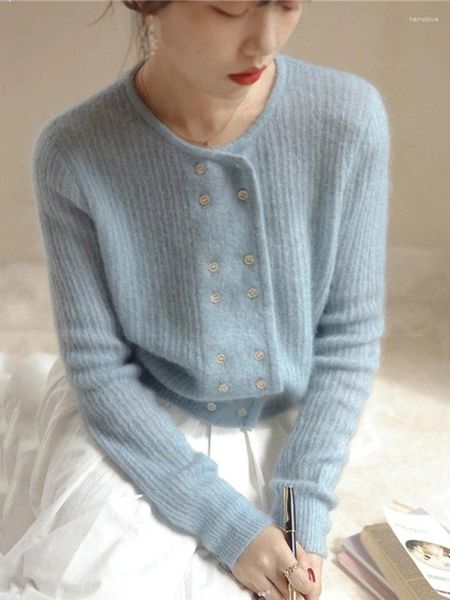Pulls tricotés pour femmes 2024 automne hiver en français Vintage solide court haut en tricot mode coréenne double boutonnage dames Cardigan