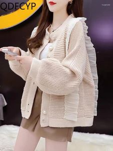 Dames Gebreide Truien Herfst Winter 2024 Koreaanse Elegante Losse Gebreide Top Casual Zoete Mode Kanten Ruches Knop Vest Vrouwelijke