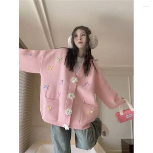 Tricots pour femmes Sweet 3D Flowers Tricot Cardigan Femmes Kawaii Bow V Couper Pull à couler coréen Coréen mignon surdimension