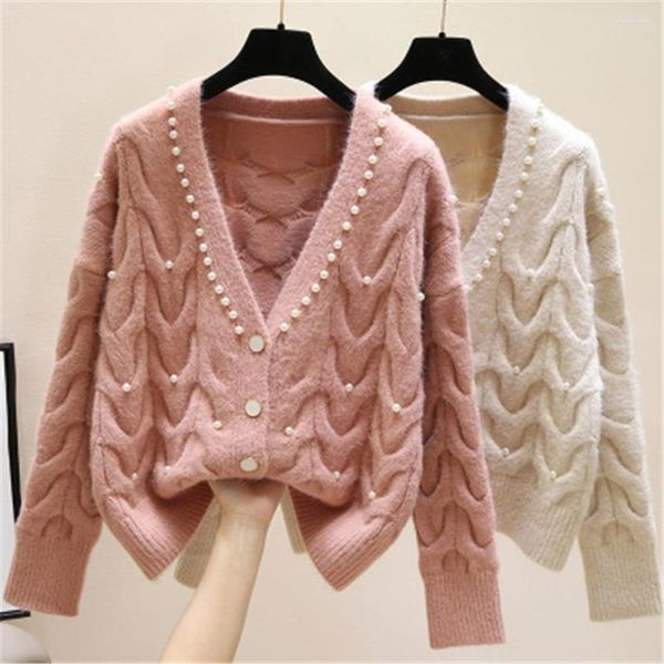 Cardigan tricoté à col en v pour femmes, tricot doux perlé, mode printemps 2023, vêtements d'extérieur assortis avec tout, pull